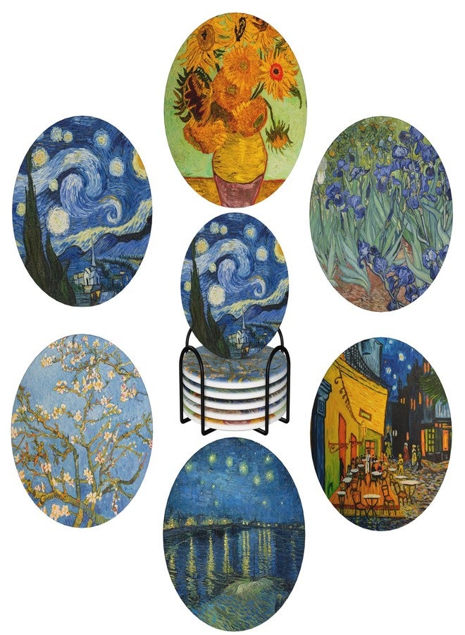 FATTTYCY قواعد أكواب ماصة للمشروبات بتصميم فان جوخ الفني مع حامل، طقم من 6 قواعد أكواب سيراميك بقاعدة من الفلين لتزيين الطاولة - Image 1